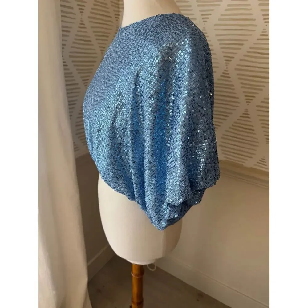 Endless Rose Women’s Small Blue Sequin Cropped Puffed Sleeve Top - Picture 4 of 7